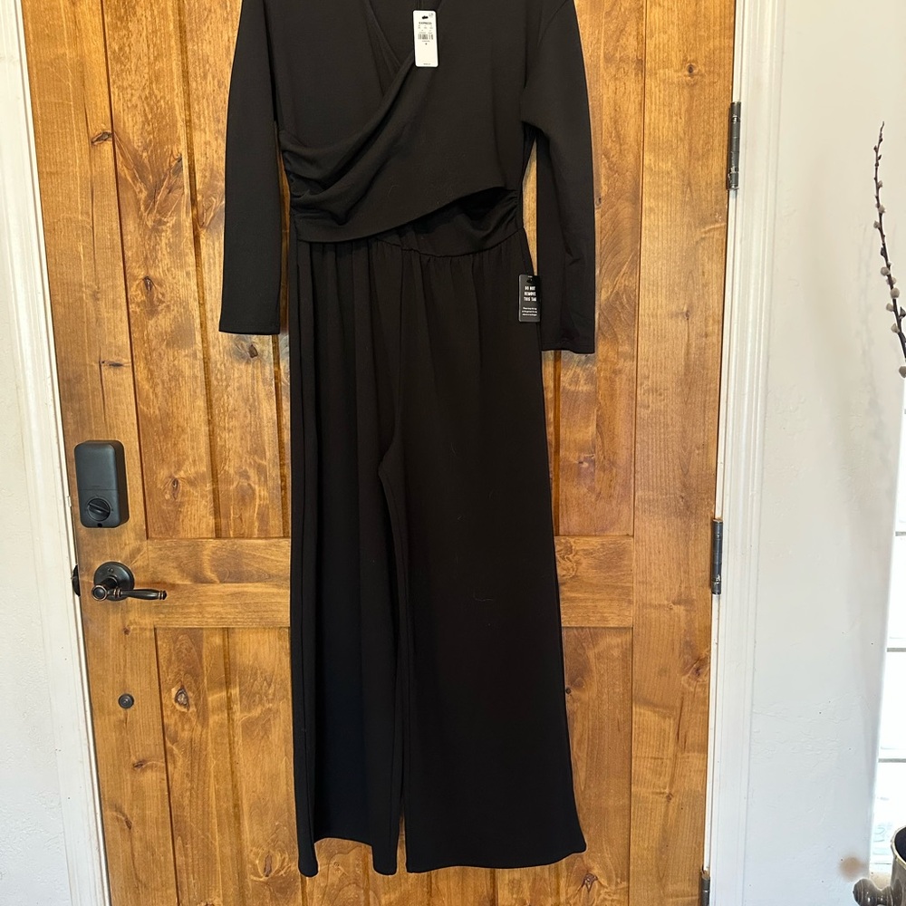 Black Wrap-Style Jumpsuit with Wide-Leg Pants